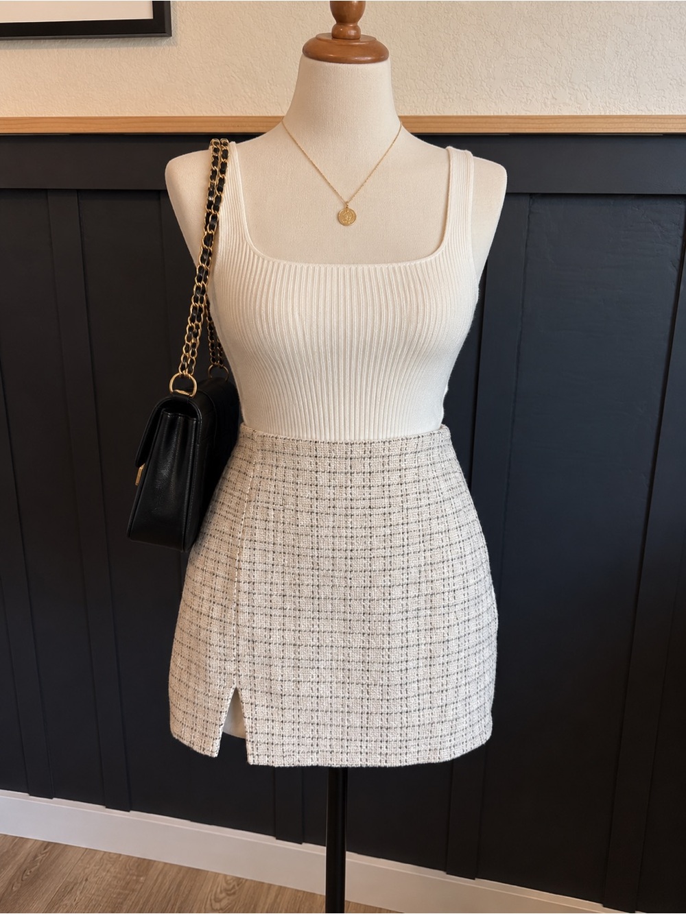 Amaryllis Cream Tweed Mini Skirt with Front Slit